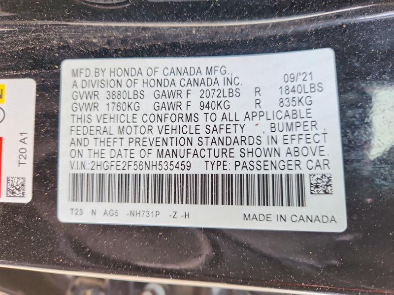 Продаж на аукціоні авто 2022 Honda Civic, vin: 2HGFE2F56NH535459, номер лоту: 41870766