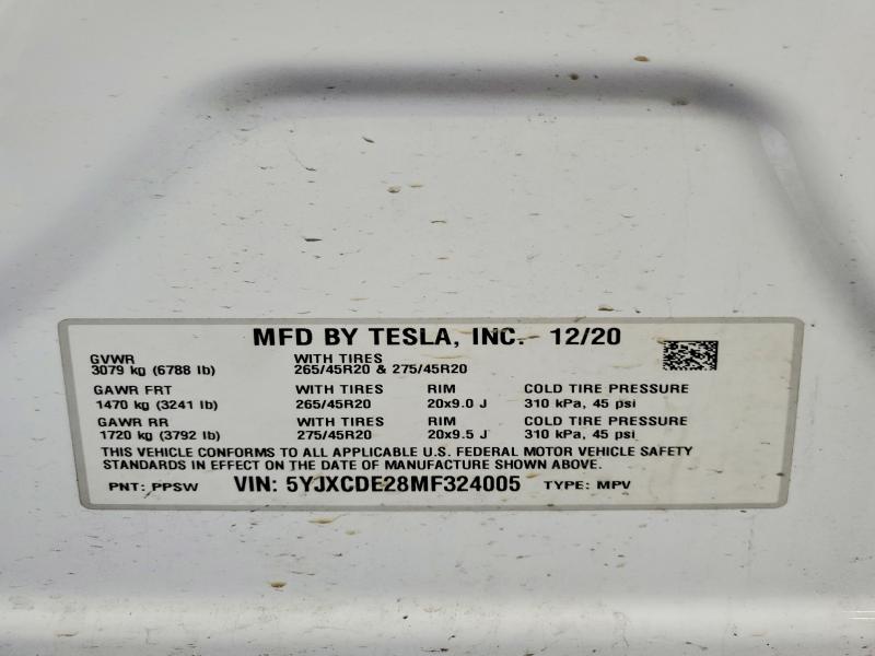 48145276 :رقم المزاد ، 5YJXCDE28MF324005 vin ، 2021 Tesla Model X مزاد بيع