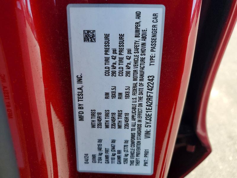 2024 Tesla Model 3 მანქანა იყიდება აუქციონზე, vin: 5YJ3E1EA2RF742243, აუქციონის ნომერი: 47275576