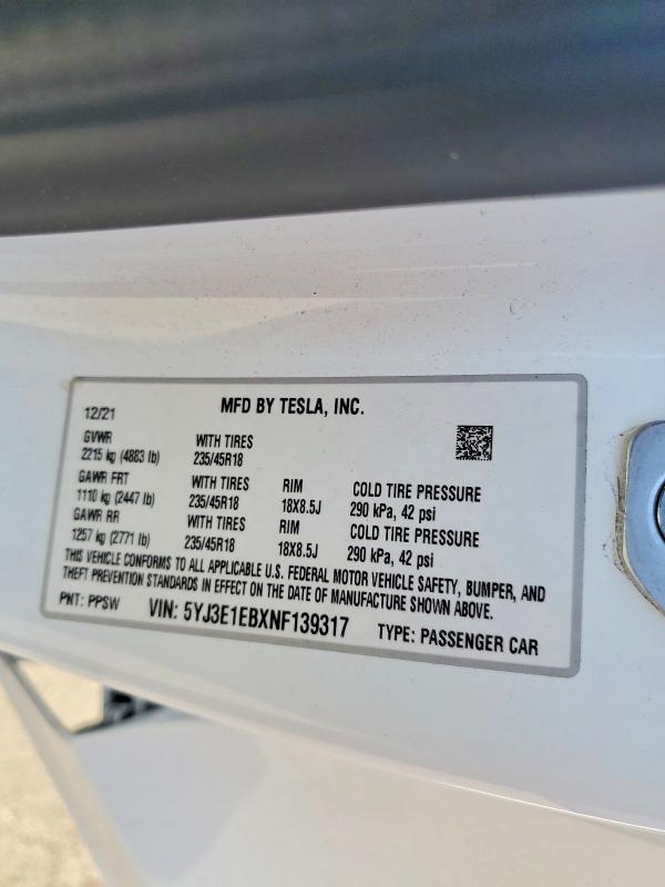 Aukcja sprzedaży 2022 Tesla Model 3, vin: 5YJ3E1EBXNF139317, numer aukcji: 46762936