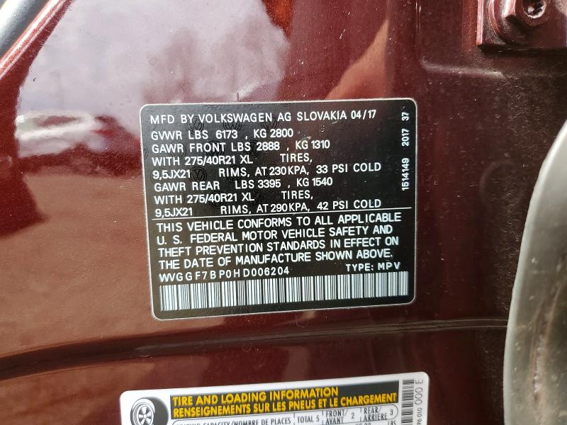 Aukcja sprzedaży 2017 Volkswagen Touareg, vin: WVGGF7BP0HD006204, numer aukcji: 42047706