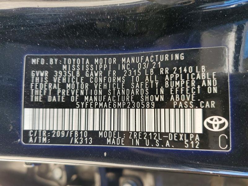 2021 Toyota Corolla მანქანა იყიდება აუქციონზე, vin: 5YFEPMAE6MP230589, აუქციონის ნომერი: 45493386