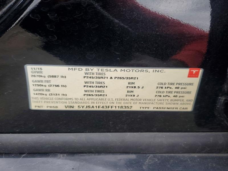 2015 Tesla Model S მანქანა იყიდება აუქციონზე, vin: 5YJSA1E43FF118352, აუქციონის ნომერი: 41742736
