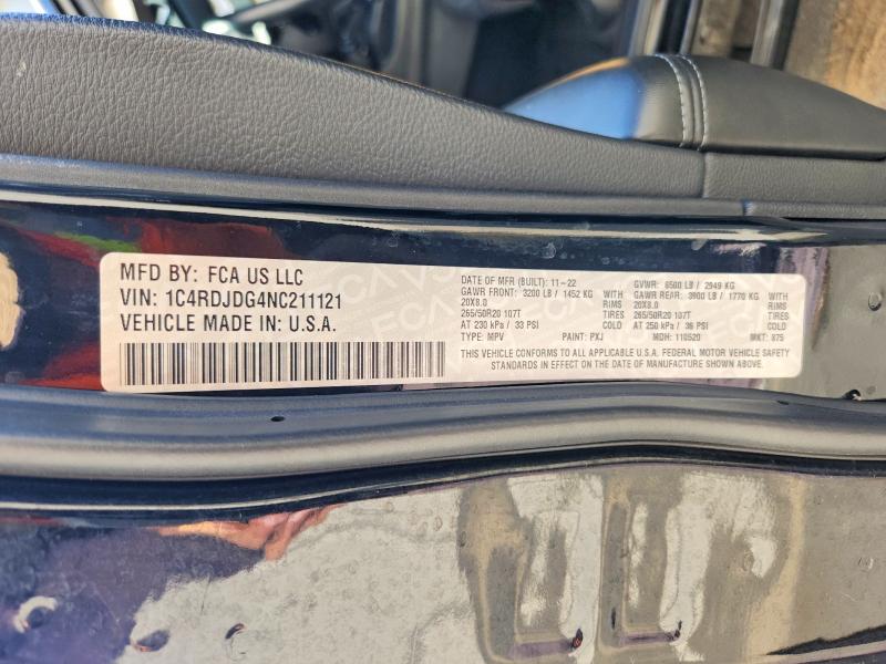 2022 Dodge Durango მანქანა იყიდება აუქციონზე, vin: 1C4RDJDG4NC211121, აუქციონის ნომერი: 46399726