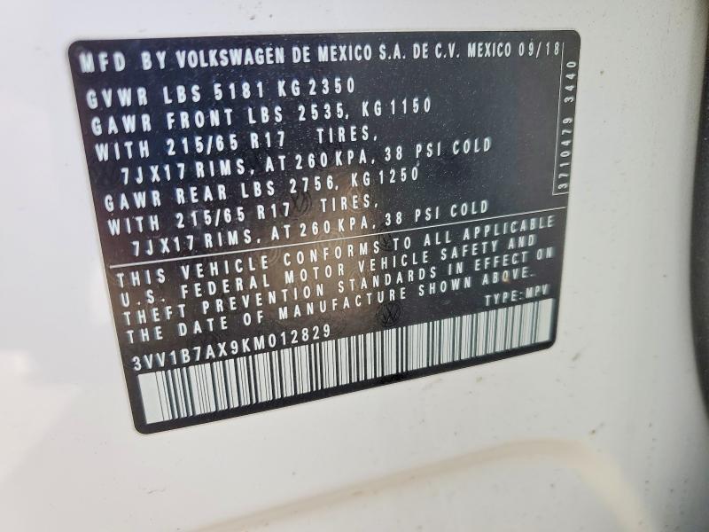 Aukcja sprzedaży 2019 Volkswagen Tiguan, vin: 3VV1B7AX9KM012829, numer aukcji: 47047396