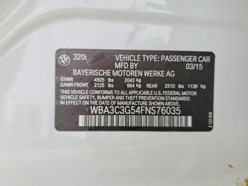 2015 Bmw 320 მანქანა იყიდება აუქციონზე, vin: WBA3C3G54FNS76035, აუქციონის ნომერი: 47578876
