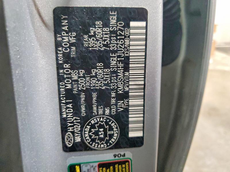 Aukcja sprzedaży 2018 Hyundai Santa Fe, vin: KM8SM4HF1JU261270, numer aukcji: 45688796