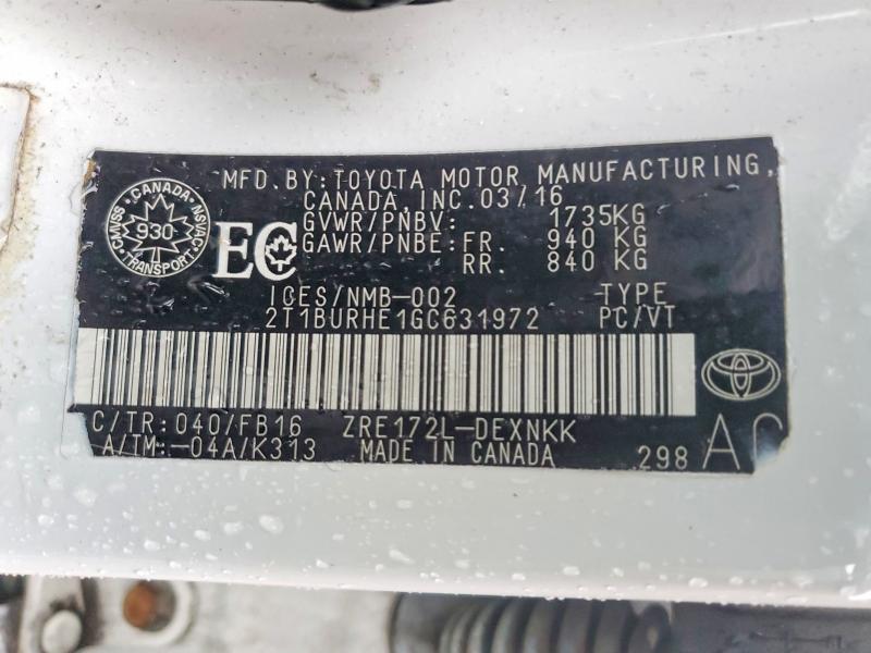 Продажа на аукционе авто 2016 Toyota Corolla, vin: 2T1BURHE1GC631972, номер лота: 45549616