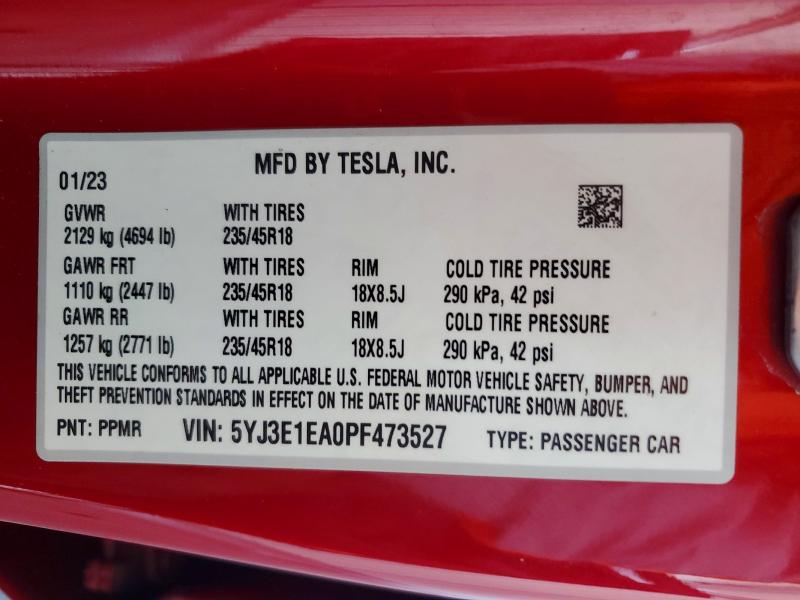 Продажа на аукционе авто 2023 Tesla Model 3, vin: 5YJ3E1EA0PF473527, номер лота: 79620055