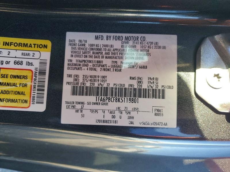 2019 Ford Mustang მანქანა იყიდება აუქციონზე, vin: 1FA6P8CF8K5118801, აუქციონის ნომერი: 46429896