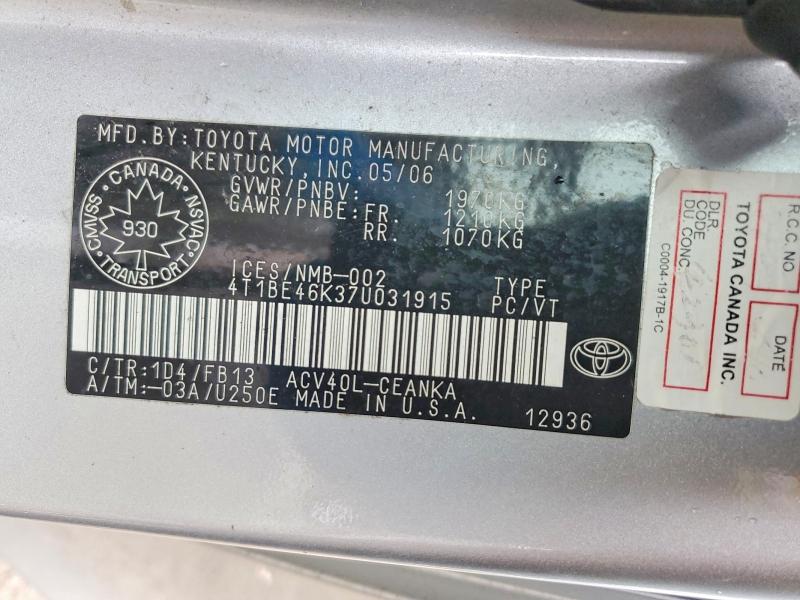 2007 Toyota Camry მანქანა იყიდება აუქციონზე, vin: 4T1BE46K37U031915, აუქციონის ნომერი: 79983305