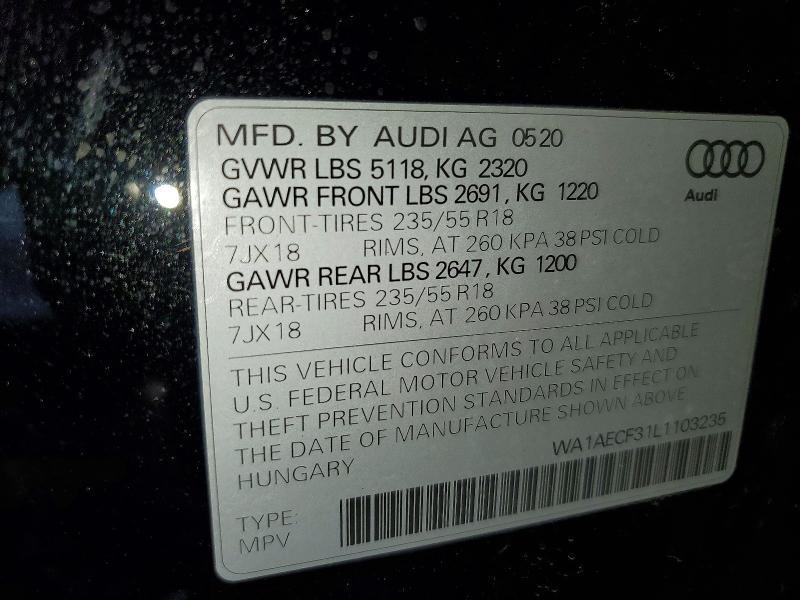 46435726 :رقم المزاد ، WA1AECF31L1103235 vin ، 2020 Audi Q3 مزاد بيع