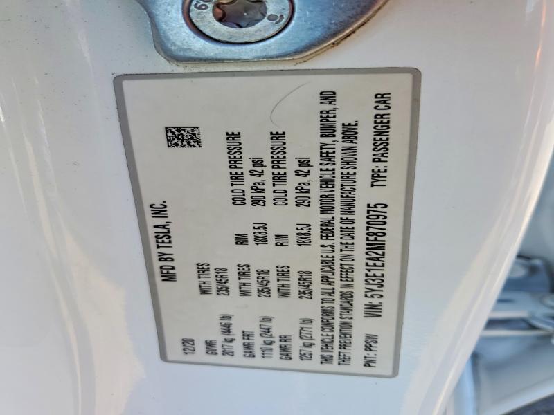 41624656 :رقم المزاد ، 5YJ3E1EA2MF870975 vin ، 2021 Tesla Model 3 مزاد بيع