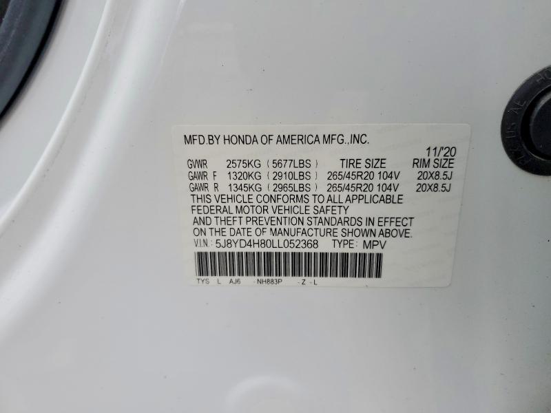 45982376 :رقم المزاد ، 5J8YD4H80LL052368 vin ، 2020 Acura Mdx مزاد بيع