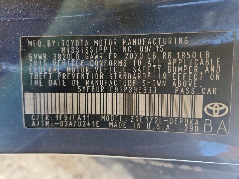 Продаж на аукціоні авто 2016 Toyota Corolla, vin: 5YFBURHE9GP399833, номер лоту: 46819856