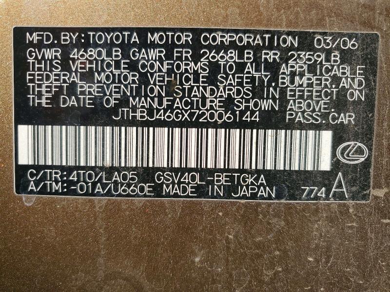 79819175 :رقم المزاد ، JTHBJ46GX72006144 vin ، 2007 Lexus Es 350 مزاد بيع