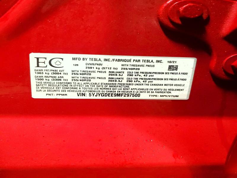 46459246 :رقم المزاد ، 5YJYGDEE9MF297500 vin ، 2021 Tesla Model Y مزاد بيع