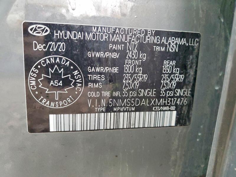 Aukcja sprzedaży 2021 Hyundai Santa Fe, vin: 5NMS5DALXMH317476, numer aukcji: 46609326