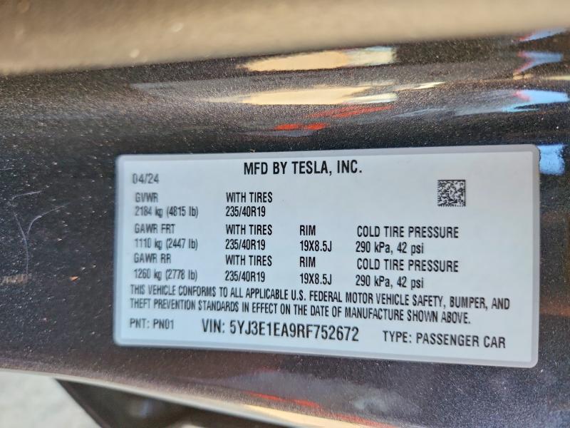 Продажа на аукционе авто 2024 Tesla Model 3, vin: 5YJ3E1EA9RF752672, номер лота: 46039006