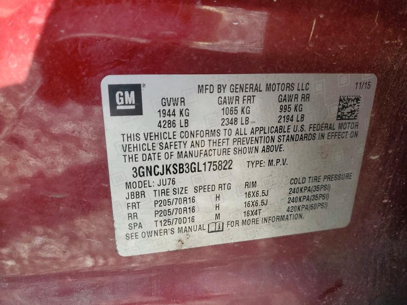 Продаж на аукціоні авто 2016 Chevrolet Trax, vin: 3GNCJKSB3GL175822, номер лоту: 45814876