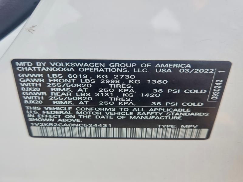 Продаж на аукціоні авто 2022 Volkswagen Atlas, vin: 1V2KR2CA0NC524431, номер лоту: 42050396