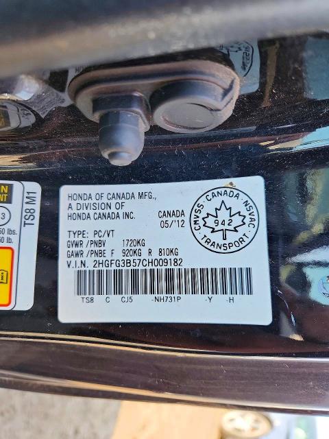 41806716 :رقم المزاد ، 2HGFG3B57CH009182 vin ، 2012 Honda Civic مزاد بيع