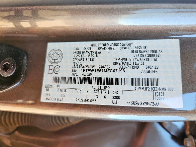 2021 Ford F150 მანქანა იყიდება აუქციონზე, vin: 1FTFW1E51MFC67198, აუქციონის ნომერი: 79757225