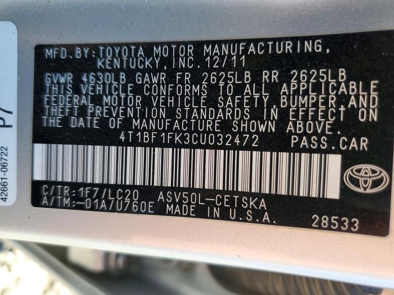 47909326 :رقم المزاد ، 4T1BF1FK3CU032472 vin ، 2012 Toyota Camry مزاد بيع