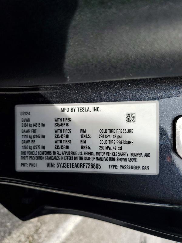 Aukcja sprzedaży 2024 Tesla Model 3, vin: 5YJ3E1EA0RF726865, numer aukcji: 48120806