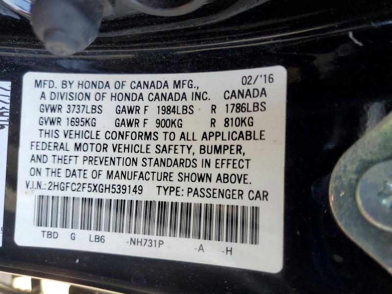 Продаж на аукціоні авто 2016 Honda Civic, vin: 2HGFC2F5XGH539149, номер лоту: 47142706