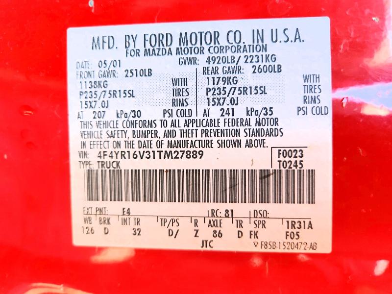 45794406 :رقم المزاد ، 4F4YR16V31TM27889 vin ، 2001 Mazda B3000 مزاد بيع