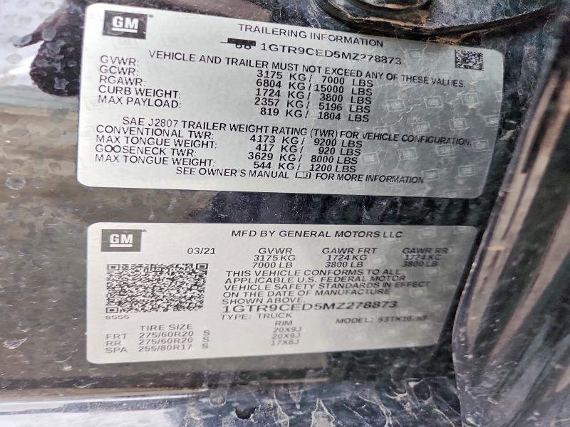 47782406 :رقم المزاد ، 1GTR9CED5MZ278873 vin ، 2021 Gmc Sierra مزاد بيع