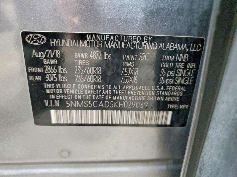 45581386 :رقم المزاد ، 5NMS5CAD5KH029039 vin ، 2019 Hyundai Santa Fe مزاد بيع