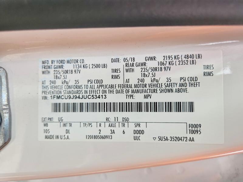 Продаж на аукціоні авто 2018 Ford Escape, vin: 1FMCU9J94JUC53413, номер лоту: 46267626