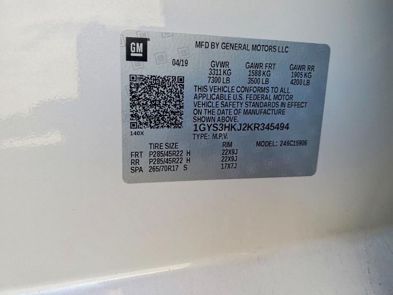 45508256 :رقم المزاد ، 1GYS3HKJ2KR345494 vin ، 2019 Cadillac Escalade مزاد بيع