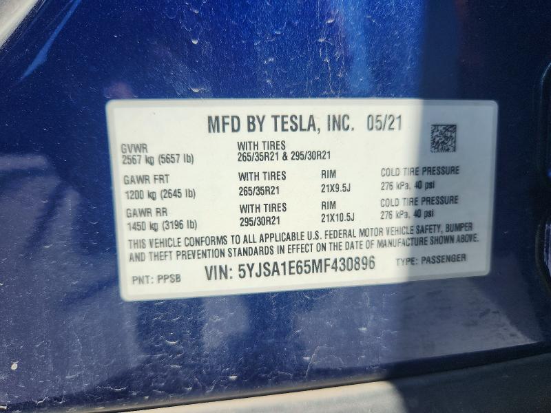 47649096 :رقم المزاد ، 5YJSA1E65MF430896 vin ، 2021 Tesla Model S مزاد بيع