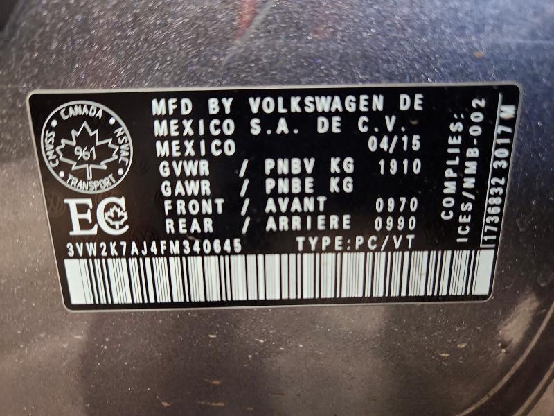 41997336 :رقم المزاد ، 3VW2K7AJ4FM340645 vin ، 2015 Volkswagen Jetta مزاد بيع
