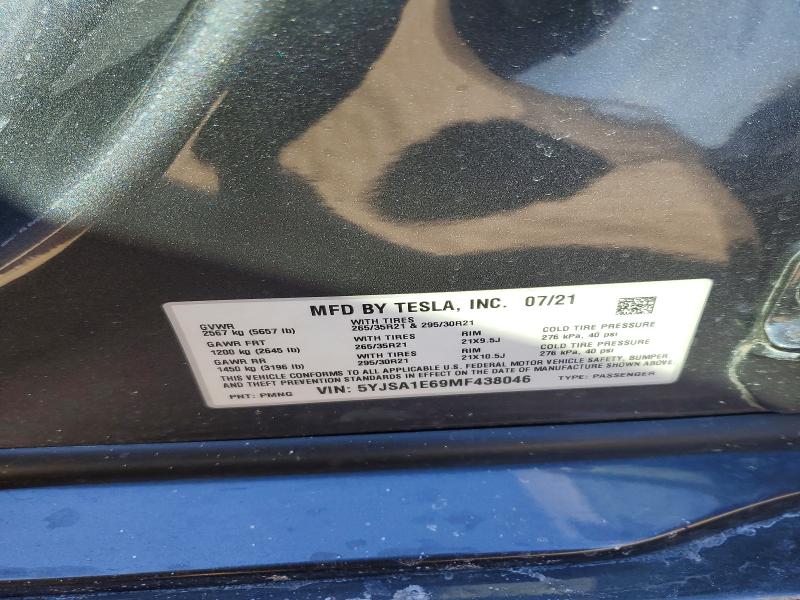Aukcja sprzedaży 2021 Tesla Model S, vin: 5YJSA1E69MF438046, numer aukcji: 79564475