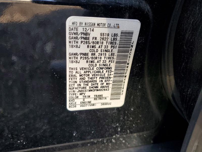 46213736 :رقم المزاد ، JN8CS1MW3FM482643 vin ، 2015 Infiniti Qx70 مزاد بيع