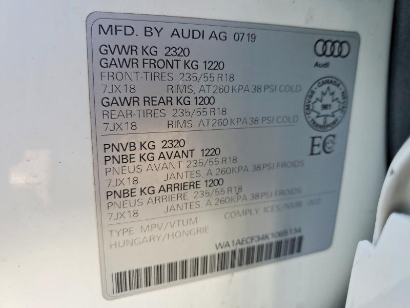 2019 Audi Q3 მანქანა იყიდება აუქციონზე, vin: WA1AECF34K1085134, აუქციონის ნომერი: 79942285