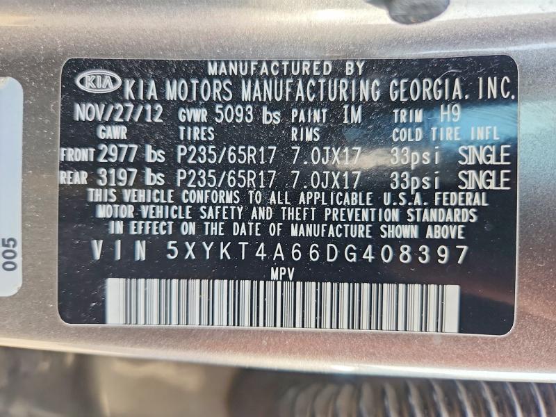 2013 Kia Sorento მანქანა იყიდება აუქციონზე, vin: 5XYKT4A66DG408397, აუქციონის ნომერი: 46060916