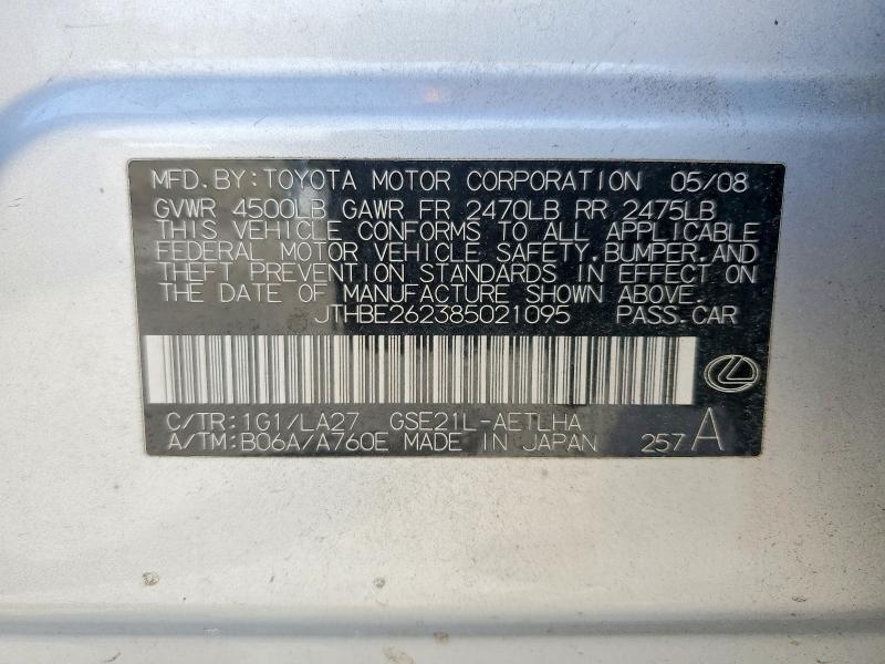 Aukcja sprzedaży 2008 Lexus Is 350, vin: JTHBE262385021095, numer aukcji: 47218986