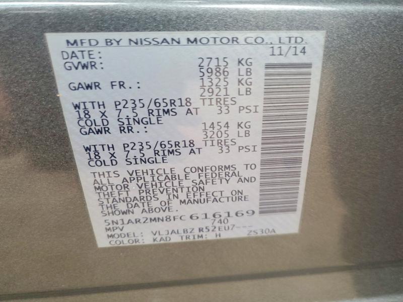 2015 Nissan Pathfinder მანქანა იყიდება აუქციონზე, vin: 5N1AR2MN8FC616169, აუქციონის ნომერი: 47940596