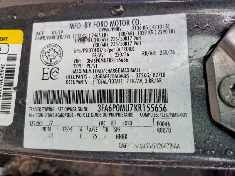 46561526 :رقم المزاد ، 3FA6P0MU7KR155656 vin ، 2019 Ford Fusion مزاد بيع