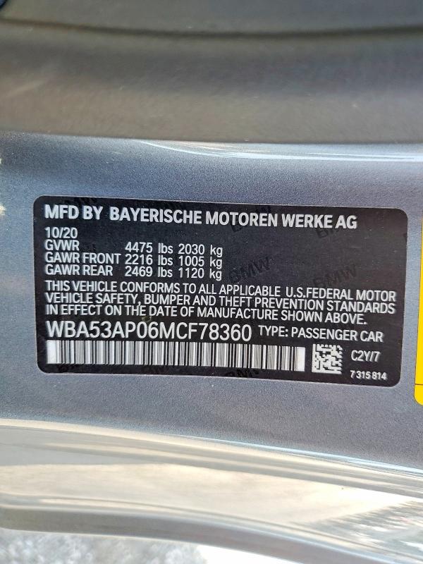 2021 Bmw 430i მანქანა იყიდება აუქციონზე, vin: WBA53AP06MCF78360, აუქციონის ნომერი: 46499026
