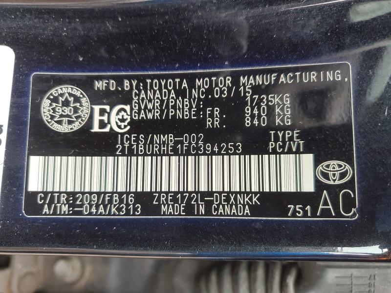 Продажа на аукционе авто 2015 Toyota Corolla, vin: 2T1BURHE1FC394253, номер лота: 46539016
