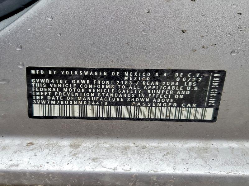 Aukcja sprzedaży 2022 Volkswagen Jetta, vin: 3VW7M7BU3NM024418, numer aukcji: 79009275