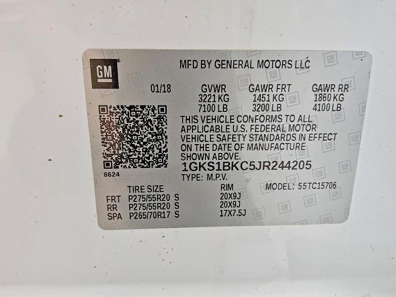 Aukcja sprzedaży 2018 Gmc Yukon, vin: 1GKS1BKC5JR244205, numer aukcji: 94036055