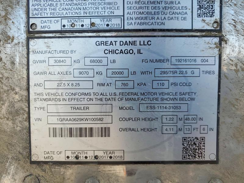 45925246 :رقم المزاد ، 1GRAA0629KW100582 vin ، 2019 Great Dane Trailers Trailer مزاد بيع