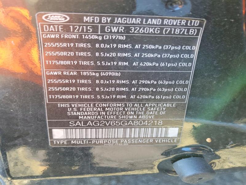 42010236 :رقم المزاد ، SALAG2V65GA804218 vin ، 2016 Land Range Rove مزاد بيع